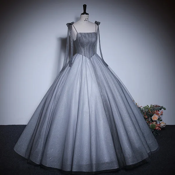 Chic / Beautiful Grey Pearl Prom Dresses 2023 Ball Gown Spaghetti Straps Sleeveless Backless Floor-Length / Long Prom Formal Dresses