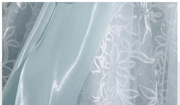 Chic / Beautiful Sky Blue Appliques Prom Dresses 2025 A-Line / Princess Strapless Floor-Length / Long Tulle Backless Prom Sleeveless Formal Dresses