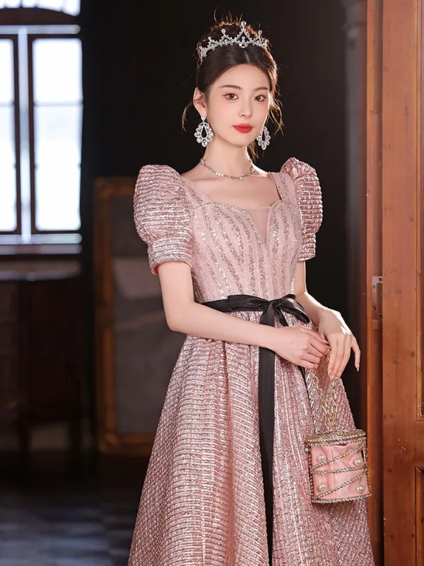 Chic / Beautiful Blushing Pink Sequins Bow Sash Prom Dresses 2024 A-Line / Princess Square Neckline Short Sleeve Backless Floor-Length / Long Prom Formal Dresses