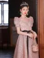 Chic / Beautiful Blushing Pink Sequins Bow Sash Prom Dresses 2024 A-Line / Princess Square Neckline Short Sleeve Backless Floor-Length / Long Prom Formal Dresses