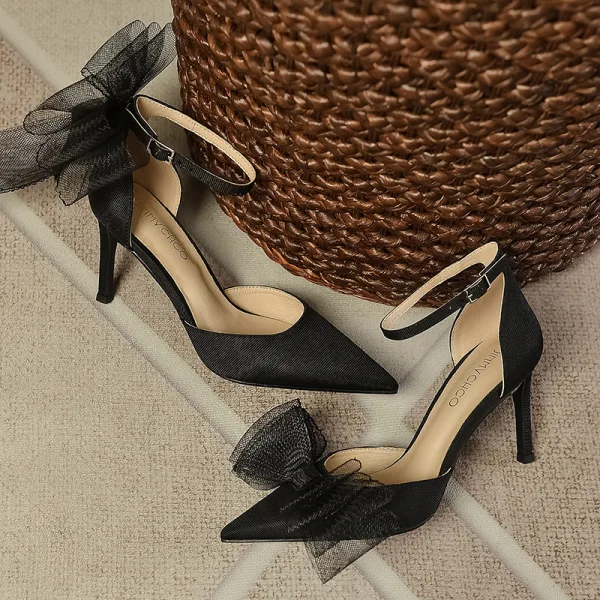 Sexy Black Bow Evening Party Womens Shoes 2023 Ankle Strap 8 cm Stiletto Heels Pointed Toe Womens Shoes High Heels