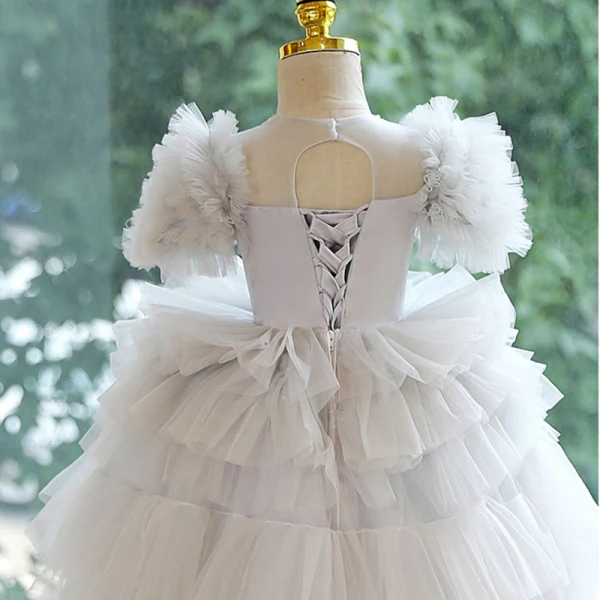 Chic / Beautiful Grey Beading Sequins Cascading Ruffles Flower Girl Dresses 2023 Ball Gown Scoop Neck Puffy Short Sleeve Backless Floor-Length / Long Flower Girl Dresses