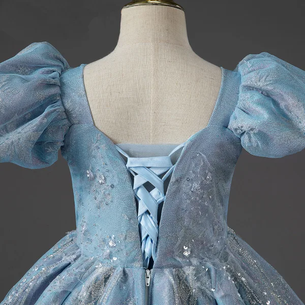 Chic / Beautiful Sky Blue Beading Sequins Flower Girl Dresses 2022 Ball Gown Square Neckline Puffy Short Sleeve Backless Prom Sweep Train Flower Girl Dresses