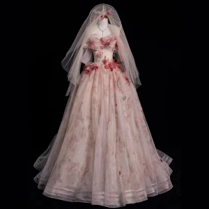 Fée Des Fleurs Rougissant Rose Appliques Robe De Bal 2024 Robe Boule De L Épaule Manches Courtes Dos Nu Longue Promo Robe De Ceremonie