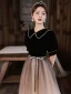 Elegant Black Evening Dresses 2023 A-Line / Princess Pearl Scoop Neck Bow Sash Short Sleeve Floor-Length / Long Evening Party Formal Dresses