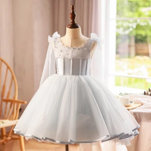 Modest Simple Grey Birthday Pearl Short Flower Girl Dresses 2024 Ball Gown Scoop Neck Sleeveless Backless