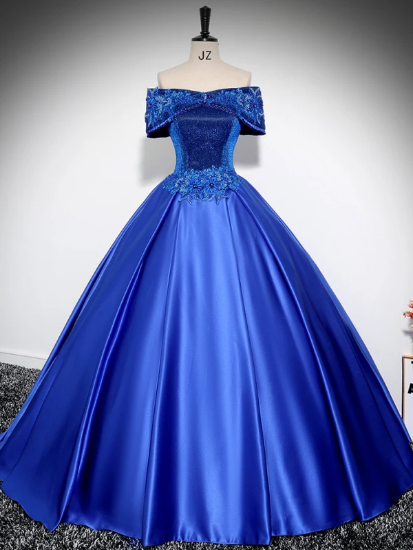 Vintage Retro Royal Blue Beading Lace Flower Satin Prom Dresses 2024 Ball Gown Backless