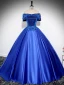 Vintage / Retro Royal Blue Beading Lace Flower Satin Prom Dresses 2024 Ball Gown Off-The-Shoulder Sleeveless Backless Floor-Length / Long Prom Formal Dresses