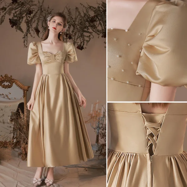Chic / Beautiful Champagne Gold Pearl Homecoming Graduation Dresses 2023 A-Line / Princess Satin Square Neckline Puffy Short Sleeve Floor-Length / Long Graduation Dresses
