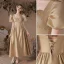 Chic / Beautiful Champagne Gold Pearl Homecoming Graduation Dresses 2023 A-Line / Princess Satin Square Neckline Puffy Short Sleeve Floor-Length / Long Graduation Dresses