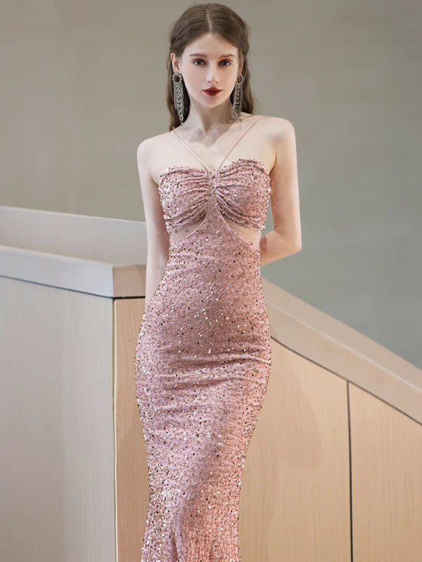 Glitzernden Rosa Pailletten Abendkleider 2023 Bandeau Meerjungfrau Ärmellos Rückenfreies Lange Abend Festliche Kleider