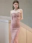 Glitzernden Rosa Pailletten Abendkleider 2023 Bandeau Meerjungfrau Ärmellos Rückenfreies Lange Abend Festliche Kleider