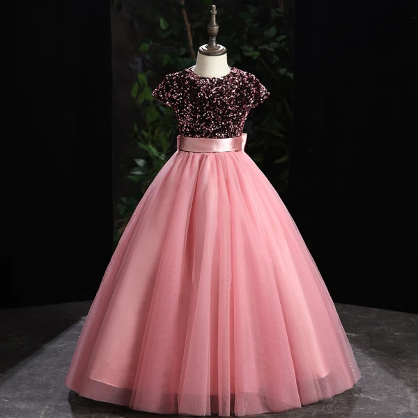 Chic / Beautiful Grey Sequins Prom Flower Girl Dresses 2022 Ball Gown Scoop Neck Sleeveless Sash Bow Floor-Length / Long Flower Girl Dresses