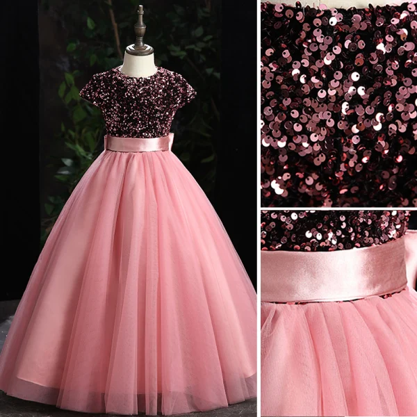 Chic / Beautiful Grey Sequins Prom Flower Girl Dresses 2022 Ball Gown Scoop Neck Sleeveless Sash Bow Floor-Length / Long Flower Girl Dresses