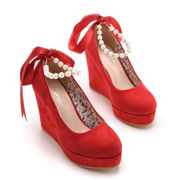 Chic / Beautiful Red Evening Party Pearl T-Strap Bow Womens Shoes 2023 10 cm Wedges Round Toe Womens Shoes