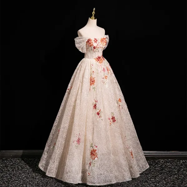 Chic / Belle Champagne Paillettes En Dentelle Fleur Robe De Bal 2025 Princesse De l'épaule Manches Courtes Dos Nu Longue Tulle Robe De Ceremonie
