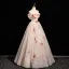 Chic / Belle Champagne Paillettes En Dentelle Fleur Robe De Bal 2025 Princesse De l'épaule Manches Courtes Dos Nu Longue Tulle Robe De Ceremonie