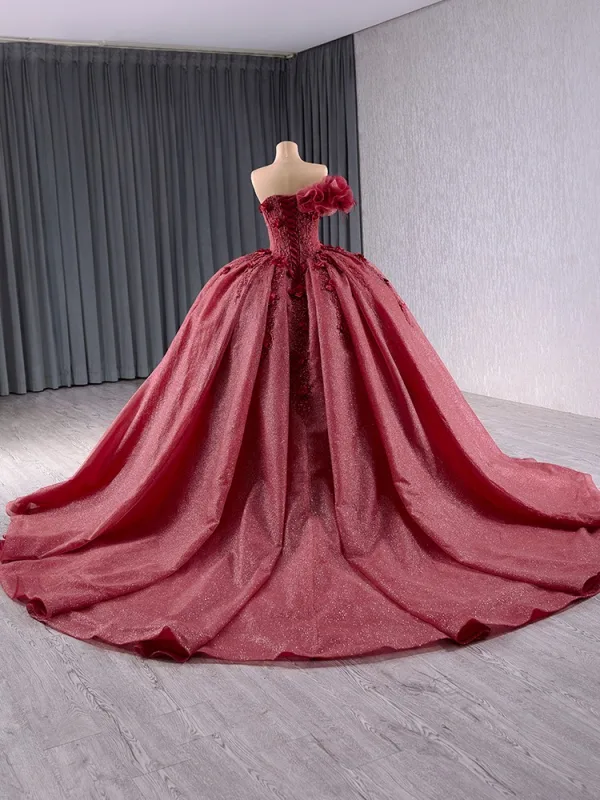 High-end Burgundy Appliques Pearl Sequins Prom Dresses 2024 Ball Gown Strapless Sleeveless Backless Chapel Train Tulle Prom Formal Dresses