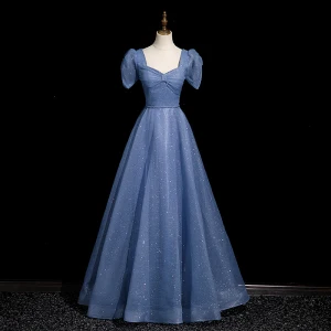 Chic Belle Océan Bleu Paillettes Robe De Bal 2023 Princesse Encolure Carrée Manches Courtes Dos Nu Longue Promo Robe De Ceremonie