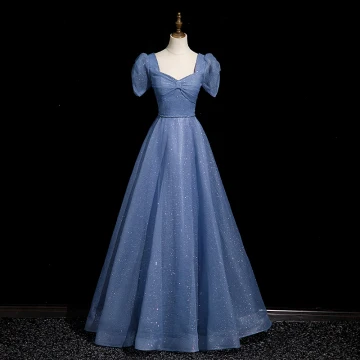 Chic Belle Océan Bleu Paillettes Robe De Bal 2023 Princesse Encolure Carrée Manches Courtes Dos Nu Longue Promo Robe De Ceremonie