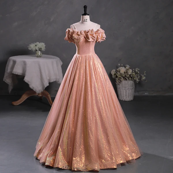 Sparkly Candy Pink Sequins Prom Dresses 2023 Ball Gown Scoop Neck Ruffle Short Sleeve Backless Floor-Length / Long Prom Formal Dresses