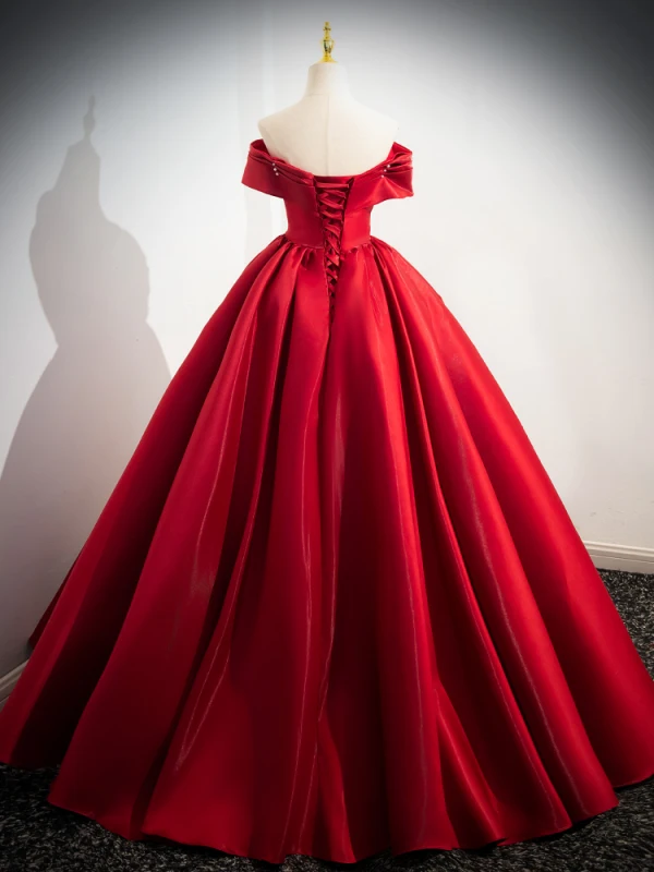 Elegant Red Pearl Ball Gown Wedding Dresses 2025 Off-The-Shoulder Sleeveless Backless Floor-Length / Long Wedding Dresses