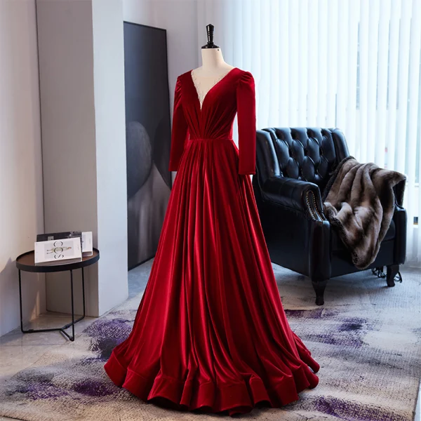 Modest / Simple Burgundy Suede Velour Prom Dresses 2023 A-Line / Princess  Scoop Neck Beading Sequins 3/