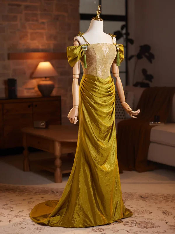Vintage / Retro Green Prom Dresses 2026 Trumpet / Mermaid Off-The-Shoulder Short Sleeve Backless Sweep Train Prom Formal Dresses