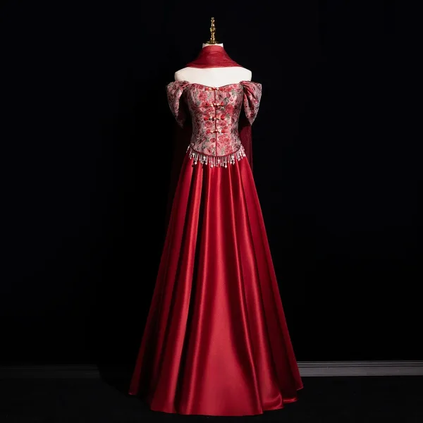 Chinese style Burgundy Printing Prom Dresses 2025 A-Line / Princess Off-The-Shoulder Short Sleeve Backless Floor-Length / Long Prom Formal Dresses