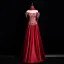 Chinese style Burgundy Printing Prom Dresses 2025 A-Line / Princess Off-The-Shoulder Short Sleeve Backless Floor-Length / Long Prom Formal Dresses