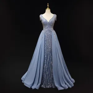 Charmant Bleu Ciel Perlage Paillettes Robe De Bal 2023 Princesse V Cou Sans Manches Dos Nu Longue Promo Robe De Ceremonie