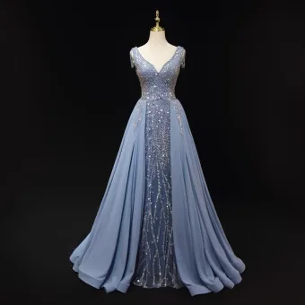 Charmant Bleu Ciel Perlage Paillettes Robe De Bal 2023 Princesse V Cou Sans Manches Dos Nu Longue Promo Robe De Ceremonie