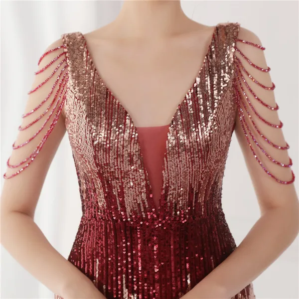 Scintillantes Bordeaux Perlage Paillettes Robe De Soirée 2024 V-Cou Sans Manches Dos Nu Longue Soirée Robe De Ceremonie