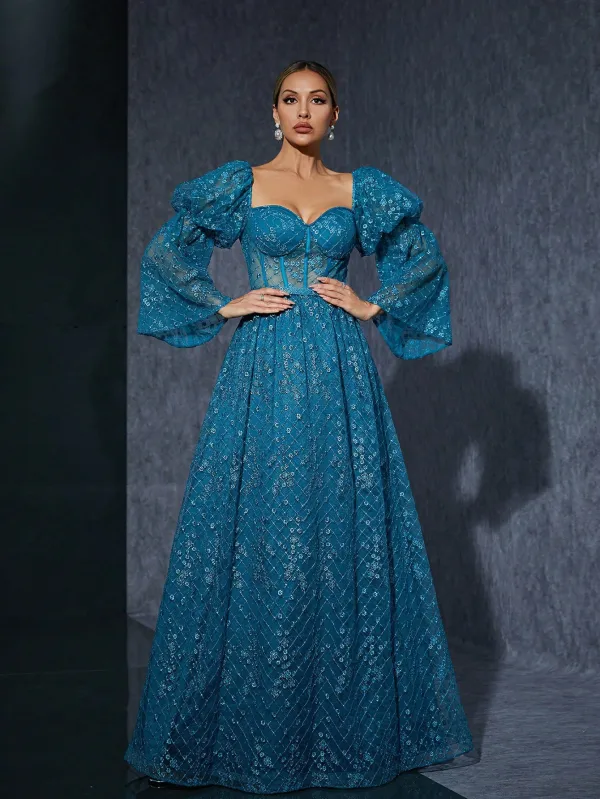 Vintage / Retro Pool Blue Lace Flower Prom Dresses 2025 Bell sleeves A-Line / Princess Square Neckline Backless Floor-Length / Long Prom Formal Dresses