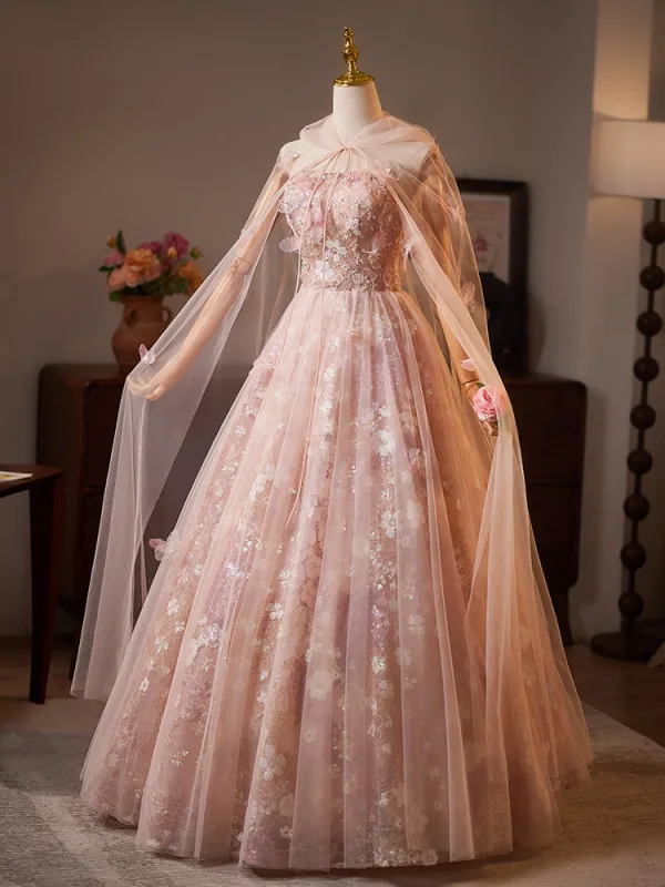 Fabelhaft Rosa Perlenstickerei Perle Pailletten Applikationen Ballkleider 2025 Ballkleid Bandeau Mantel Ärmellos Rückenfreies Lange Tülle Ball