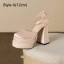 Fashion Beige Leather Prom Womens Sandals 2023 Ankle Strap 12 cm Thick Heels Square Toe Sandals