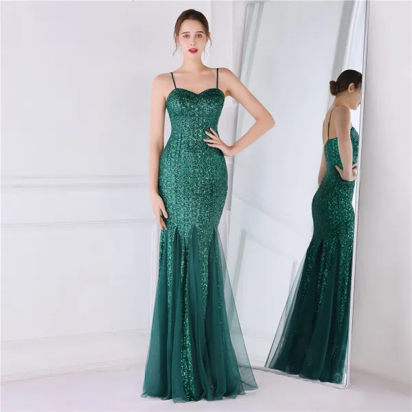 Scintillantes Blanche Paillettes Robe De Soirée 2024 Trompette / Sirène Bretelles Spaghetti Sans Manches Dos Nu Longue Soirée Robe De Ceremonie