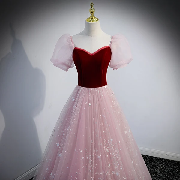 Charming Burgundy Prom Dresses 2022 A-Line / Princess Square Neckline Sequins Puffy Short Sleeve Backless Floor-Length / Long Formal Dresses