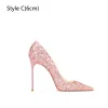 Sparkly Blushing Pink Sequins Evening Party Pumps 2024 Leather 10 cm Stiletto Heels Pointed Toe Pumps High Heels