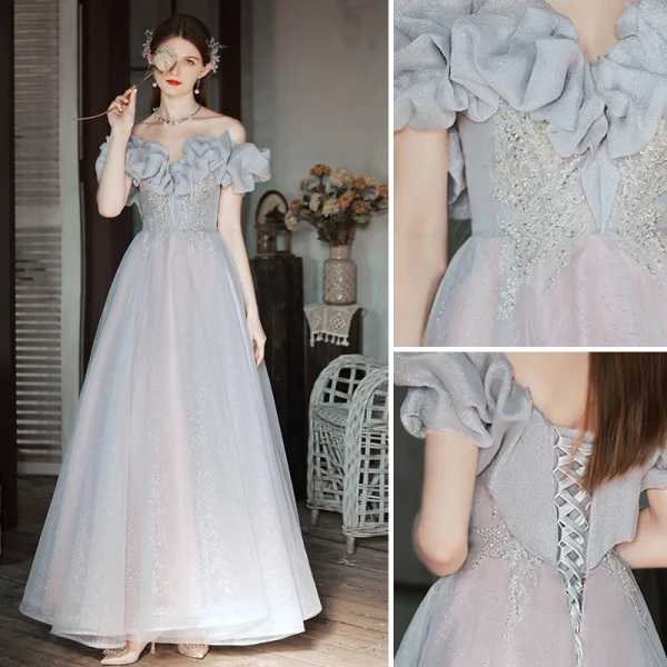 Chic / Belle Gris Paillettes Robe De Bal 2022 Princesse De l'épaule Volants Manches Courtes Dos Nu Longue Promo Robe De Ceremonie