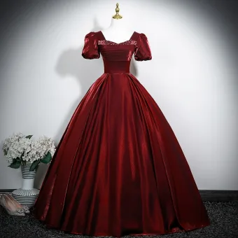 Vintage Originale Bordeaux Perlage Velours Robe De Bal 2025 Robe Boule Encolure Carrée Manches Courtes Dos Nu Longue Robe De Ceremonie