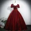 Vintage / Retro Burgundy Beading Velvet Prom Dresses 2025 Ball Gown Square Neckline Short Sleeve Backless Floor-Length / Long Formal Dresses