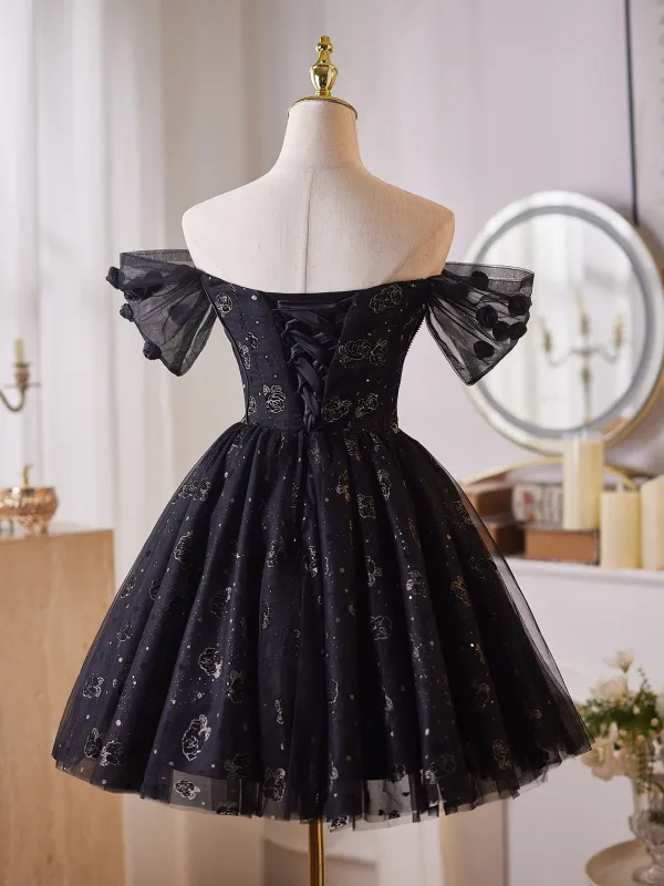 Charming Black Rhinestone Glitter Flower Short Evening Dresses 2025 Ball Gown Off-The-Shoulder Short Sleeve Backless Evening Party Formal Dresses