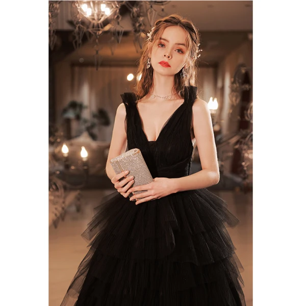 Sexy Black Cascading Ruffles Prom Dresses 2022 A-Line / Princess V-Neck Sleeveless Backless Floor-Length / Long Prom Formal Dresses