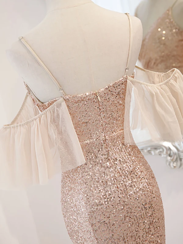Scintillantes Sexy Doré Paillettes Robe De Soirée 2023 Trompette / Sirène Bretelles Spaghetti Manches Courtes Dos Nu Longue Soirée Robe De Ceremonie