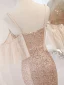 Scintillantes Sexy Doré Paillettes Robe De Soirée 2023 Trompette / Sirène Bretelles Spaghetti Manches Courtes Dos Nu Longue Soirée Robe De Ceremonie