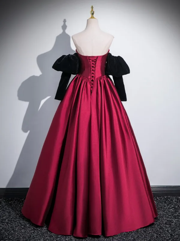Elegant Burgundy Prom Dresses Satin 2024 Ball Gown Strapless Removable sleeves Backless Floor-Length / Long Prom Formal Dresses