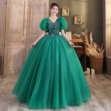 Vintage Originale Vert Foncé Perlage Glitter Robe De Bal 2024 Robe Boule V Cou Gonflée Manches Courtes Dos Nu Longue Promo Robe De Ceremonie