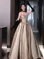 Fashion Gold Appliques Glitter Prom Dresses 2025 Ball Gown Strapless Sleeveless Backless Floor-Length / Long Prom Formal Dresses
