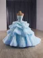 Luxury / Gorgeous Sky Blue Beading Cascading Ruffles Pearl Sequins Prom Dresses 2025 Ball Gown Strapless Sleeveless Backless Sweep Train Formal Dresses